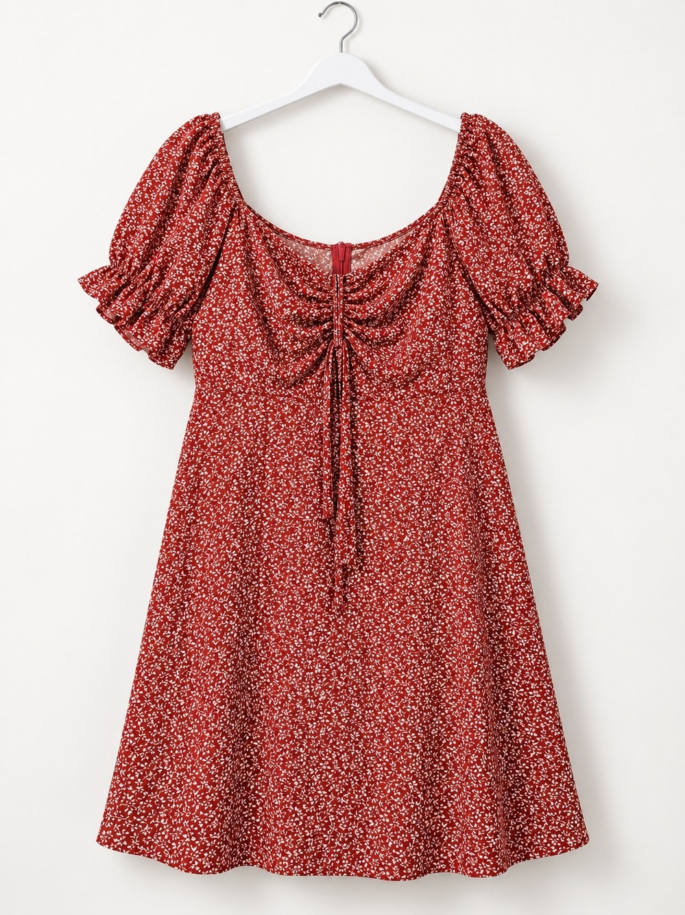 SHEIN Red Ditsy-Print Puff-Sleeve Mini Dress